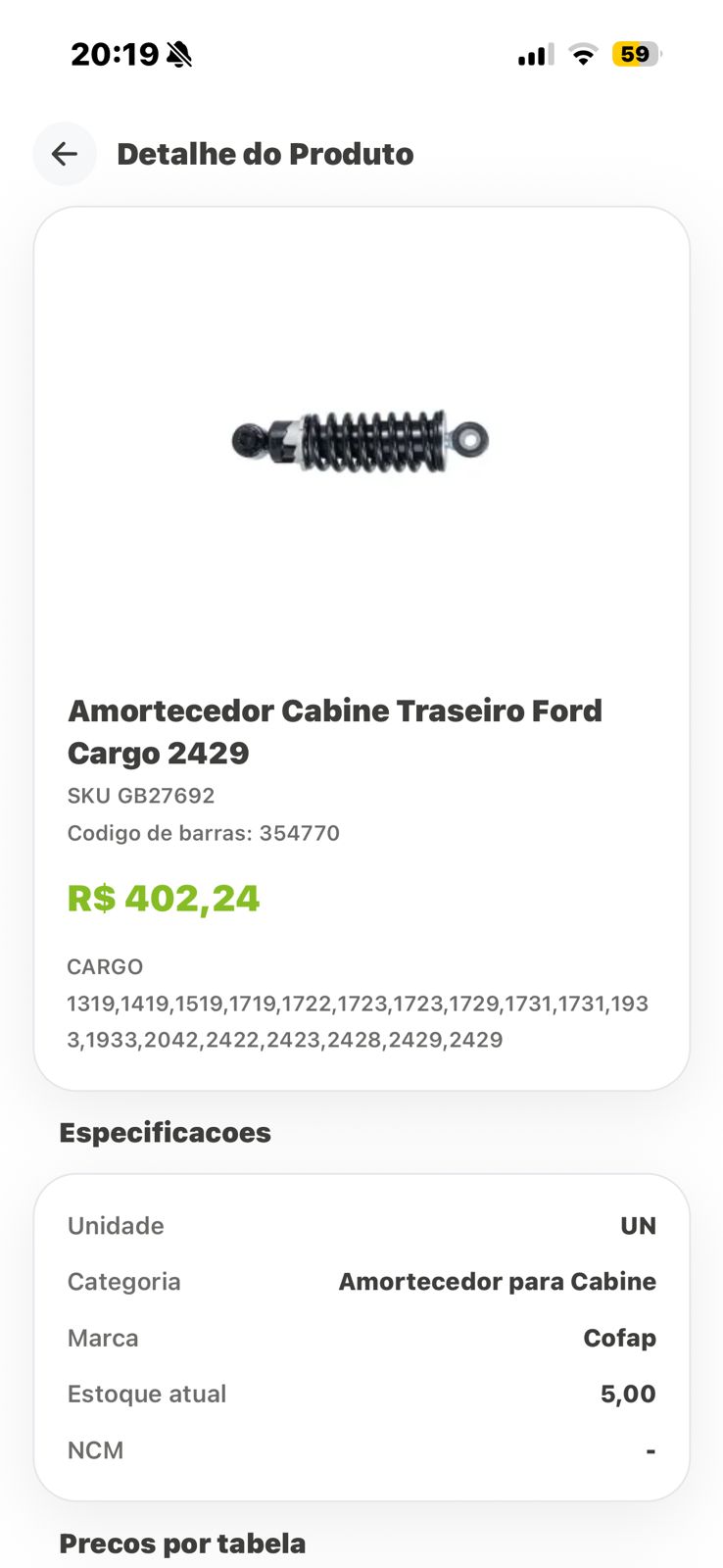 Preços por tabela